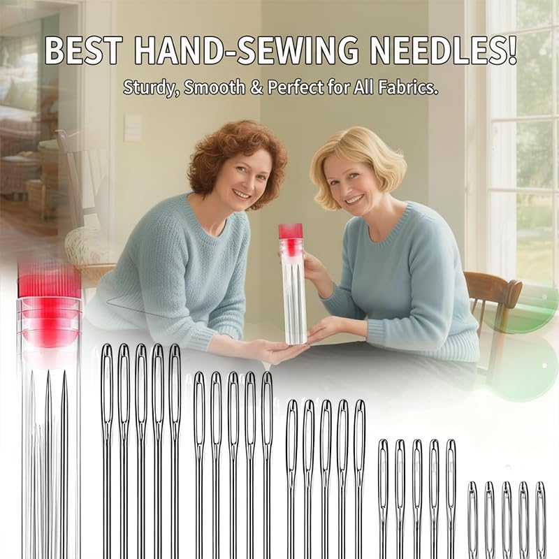 50 pcack Large Eye Hand Sewing Needles Set, 5 Sizes Stainless Steel with Threader - Big Eye Embroidery Quilting Leather Upholstery Beading Needles for Crafts DIY