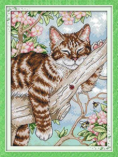 Stitchmelody 14CT Counted Cross Stitch Kits,DMC Unprinted Pattern Embroidery Set Needlework-A Lazy Cat on The Tree 8.6''×7.5'' - color: 14CT Counted/Unprinted Kit,A lazy cat on the tree 8.6''×7.5''