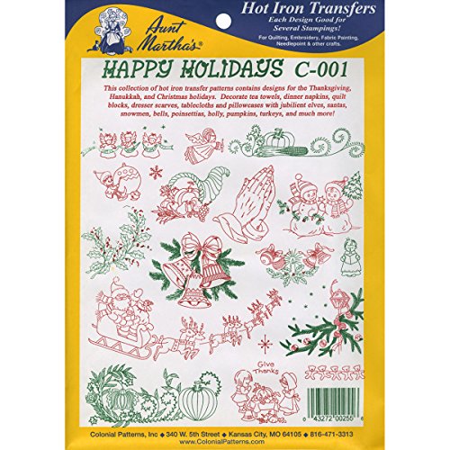 Aunt Martha's Happy Holidays Iron On Transfer Pattern Collection, Thanksgiving and Christmas Motifs