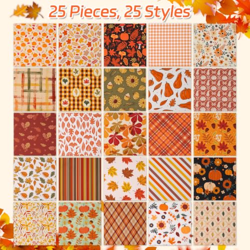 25 Pcs Fall Quilting Fabric Scraps, 10''x10'' Thanksgiving Cotton Fabric Squares Vintage Precut Quilt Kits Include Pumpkin Maple Leaf Bundle Print for Autumn Holiday DIY CRA - color: Orange Autumn