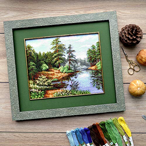 Lake Amid Pines - Counted Cross Stitch Kit with Forest Landscape Pattern - color: Lake in the Pines