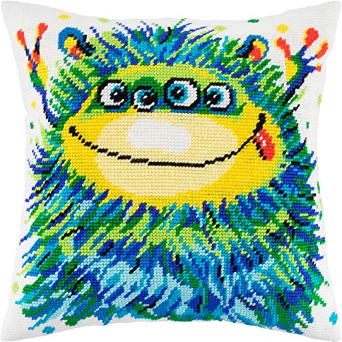 Brvsk Friendly Needlepoint Kit for Adults and Beginners — Little Monster 16″ × 16″ with Clear, Precise Printed Design on Cotton Canvas; Includes 2 Needles, Yarn, and Easy-Read Chart