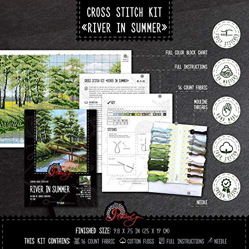 Povitrulya Counted Cross Stitch Kit 'River in Summer', 9.84"x7.48", 16 Count Aida, DIY Embroidery Kit for Adults with Landscape Pattern - color: River in Summer
