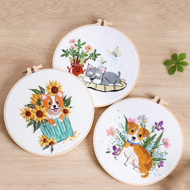 Embroidery Kit for Beginners, Dog Flower Pattern Embroidery Practice Kits - color: Dog pattern