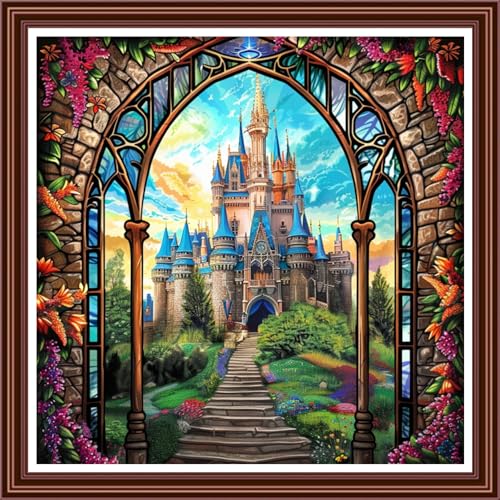 Dimensean Counted Cross Stitch Kit for Beginners, 11CT Unprinted Cross-Stitch Kit Easy Patterns Needlepoint Kit Cross Stitching Embroidery Kit Supplies-Castle Flower Gate 18x18 inch - color: ColornNEW15