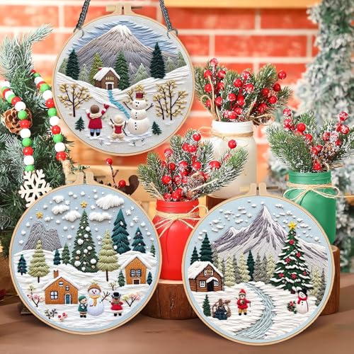 LB Christmas Embroidery Kit for Beginners Adults, 3 Sets Hand Embroidery Starter Kit with Mountain Pattern and Instructions Stamped Cross Stitch Kits Include Embroidery Hoop Needles Threads Scissors - color: Blue White