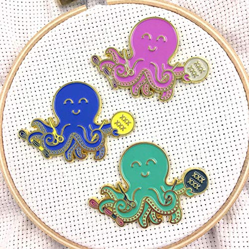 Green Stitching Octopus Holding Floss Hoop and Stork Scissors Enamel Needle Minder