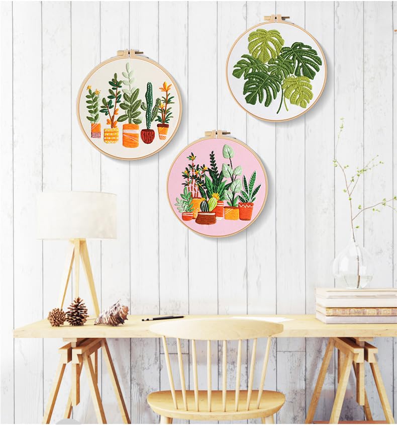 Konrisa Embroidery Kits for Adults Beginner, European Style Garden Plant Green Leaf Stamped Embroidery Starter Kit,DIY Sewing Practice, Needlepoint Cross Stitch Kit,Set of 3 - color: green plant