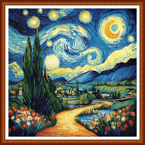 Funart Stamped Cross Stitch Kits for Beginners Full Range of Cross Stitching Preprinted Embroidery Kits for Adults, 11CT Embroidery Pattern Needlepoint Kits-Van Gogh Starry Sky Garden Trail 18x18 inch - color: ColorArt47