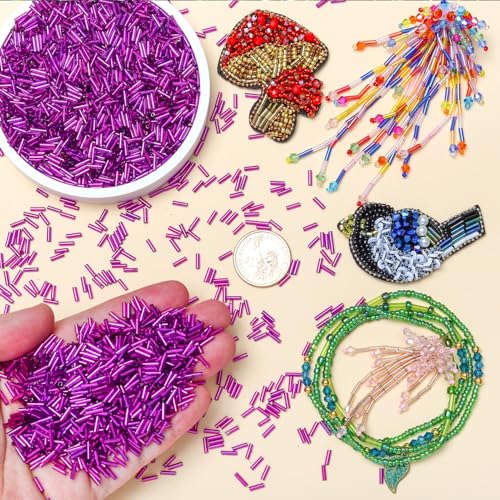 4200pcs Glass Bugle Beads, Mini Long Tube Seed Beads Bulk, Tiny Small Loose Spacer Embroidery Beaded for Bracelets Jewelry Making Sewing, Crafts, Christmas Ornaments, 2×6mm, Pink Purple - color: Deep Pink