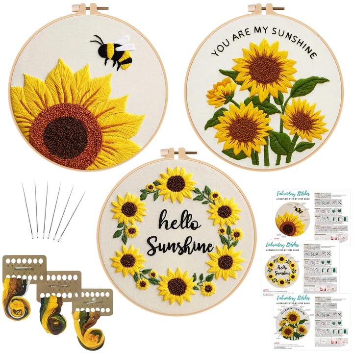 Nuberlic 3 Pack Embroidery Kit for Beginners with Sunflower Pattern - color: Sunflower