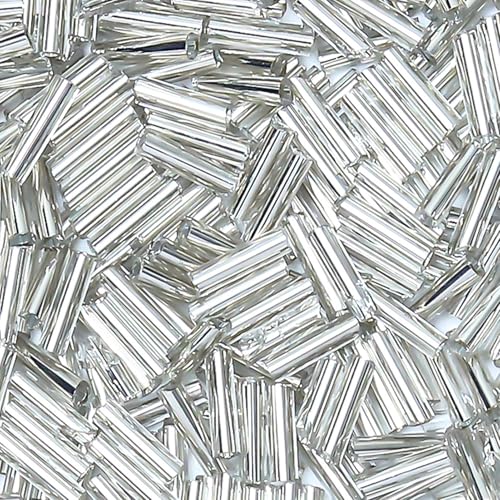 4200pcs Glass Bugle Beads, Mini Long Tube Seed Beads Bulk, Tiny Small Loose Spacer Embroidery Beaded for Bracelets Jewelry Making Sewing, Crafts, Christmas Ornaments, 2×6mm, Silver - color: Silver