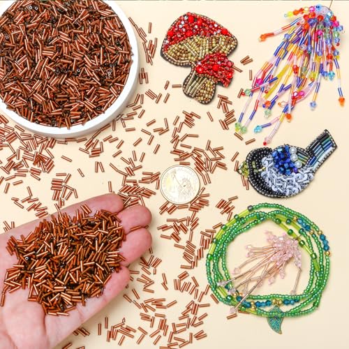 4200pcs Glass Bugle Beads, Mini Long Tube Seed Beads Bulk, Tiny Small Loose Spacer Embroidery Beaded for Bracelets Jewelry Making Sewing, Crafts, Christmas Ornaments, 2×6mm, Brown - color: Dark brown