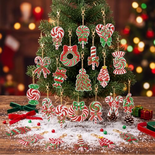 Tondiamo 20 Pcs Christmas Candy Diamond Painting Keychain Kits 5D DIY Diamond Art Pendants Double Sided Hanging Key Chains for Christmas Party Decoration DIY - style: Candy
