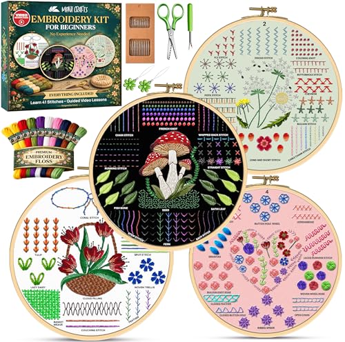 Embroidery Kit for Beginners Adults, 4 Pre-Printed Cloths, 41 Stitches - color: Beginners - Floral & Mushroom