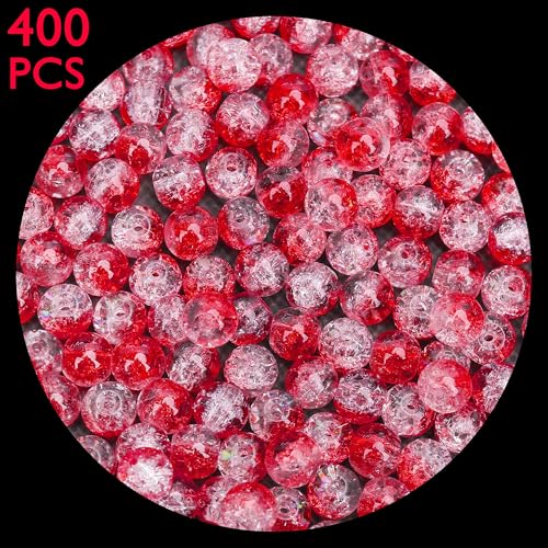 400PCs 4mm Red Crackle Glass Beads Bulk, Round Smooth Hole Glass Crystal Beads for Jewelry Making, DIY Bracelets, Necklaces, Bag Charms, Keychains and Craft Projects - color: Red Crackle, size: 4MM
