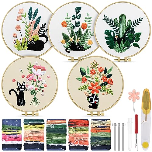 TINDTOP Embroidery Kit for Adults, Embroidery Kit for Beginners Include Embroidery Cloth Hoops Threads for Craft Lover Hand Stitch with Embroidery Skill Techniques (Black Cat) - color: Black Cat
