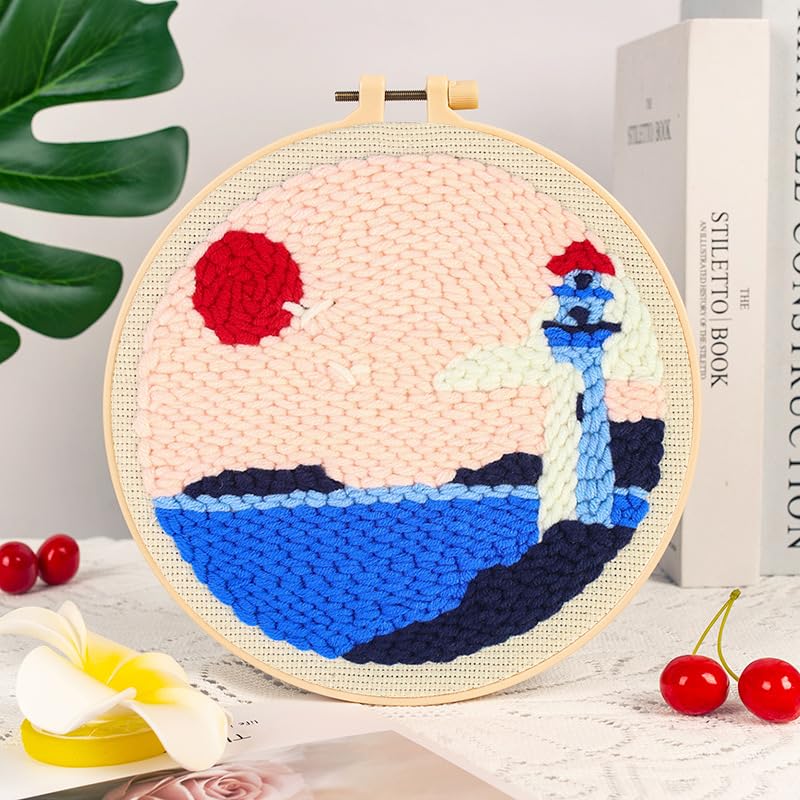 Lighthouse Punch Needle Kit for Beginners, Crochet Kit for Adult, All-in-One DIY Craft Set with Pre-Printed Fabric, Embroidery Hoop, Threads, Tools, Ideal Craft Gift, Home Decor - color: SUN-LIGHT