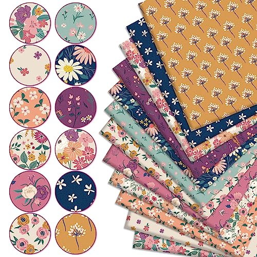 Whaline 12 Pcs Retro Floral Cotton Fabric Bundles Wildflower Fabric Square Vintage Flower Sewing Fabrics for DIY Handmade Craft Decor, 10 x 10 in - size: 10 x 10 inch