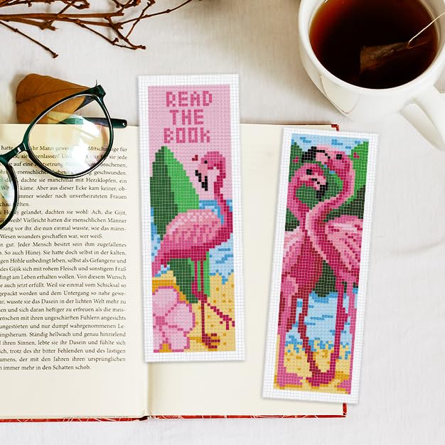 INFUNLY 6PCS Flamingo Cross Stitch Bookmarks Kit Pink Handmade Cross Stitch Bookmarks Make Time to Read DIY Cross Stitch Bookmark Set with Backing Felt Floss Instruction for Adult Book Lovers - style: 6PCS Flamingo