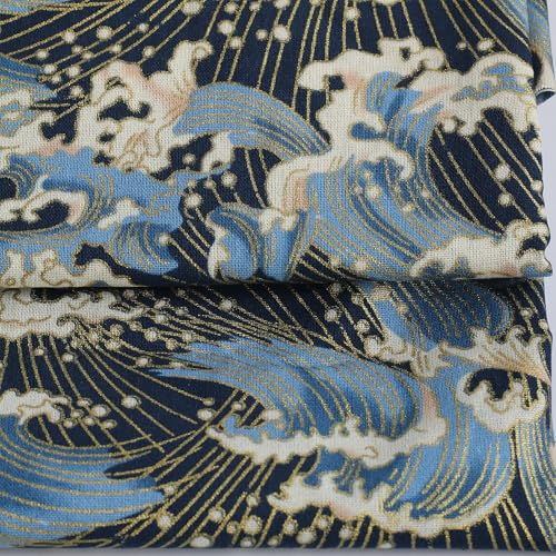 Sea Wave Fabric,160 GSM Japanese Blue Cotton Fabric Gold Hot Stamping,59 Inches Wide for Sewing Clothing Bag Tablecloth Sofa Pillow DIY Craft (Cut by the Yard) - color: Sea Wave, size: 1 yard