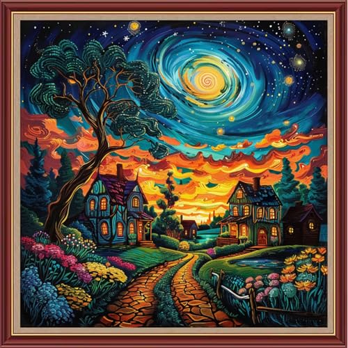 Dooxvey Cross Stitch Kits for Adults Beginners,Full Range of Cross-Stitch Stamped Kits Needlepoint Kits for Beginners Embroidery Kits 11CT Cross Stitch Patterns-Starry Night Moon Home 18x18 inch - color: Magicolor14