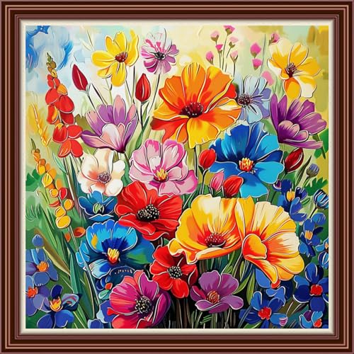 Dimensean Counted Cross Stitch Kit for Beginners, 11CT Unprinted Cross-Stitch Kit Easy Patterns Needlepoint Kit Cross Stitching Embroidery Kit Supplies-Colorful Flowers 18x18 inch - color: DIYColor06