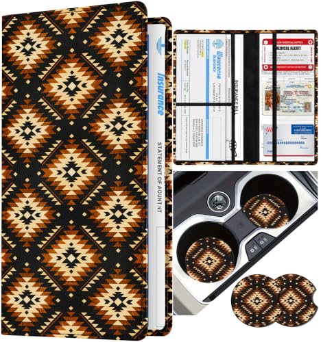 Slohif Car Registration and Insurance Holder with 2 Car Coasters, Elegant - color: Brown Boho