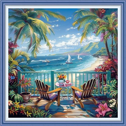 Redxing Stamped Cross Stitch Kits Full Range of Embroidery Starter Kits- Needlepoint Counted Cross Stitch Kits for Beginner Adults 11CT Printed Embroidery Kit-Drinking Tea by the Seaside 18x18 inch - color: DIYArtsKit17