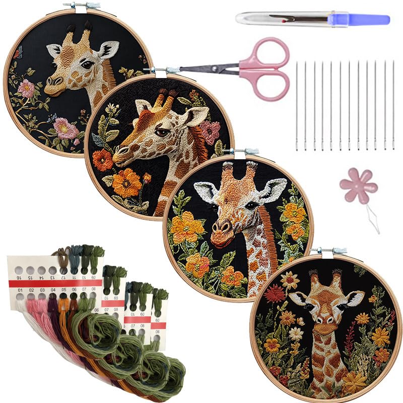 LB 4 Pack Giraffe Animal Embroidery Kit for Beginners Yellow Floral Beginner Embroidery Kit for Adults DIY Starter Kit with Embroidery Hoop Colorful Threads Tools - color: Yellow