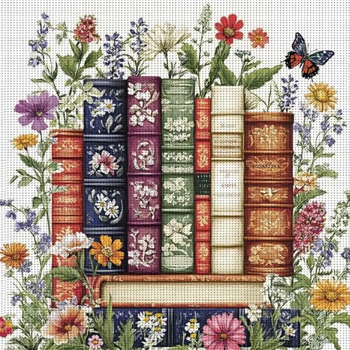 KYOQFVN Flower Stamped Cross Stitch Kits - Book Counted Cross Stitch Kits for Beginners, Needlepoint Cross-Stitch Patterns Dimensions for Home Decor 14×14 Inch - color: SZXBOOK-US