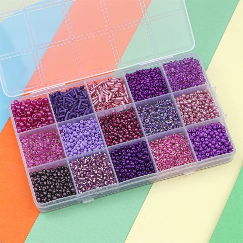 15 Grid Purple Glass Seed Bugle Tube Beads Kit for Jewelry Making DIY Craft - color: Purple, size: 15 Grid