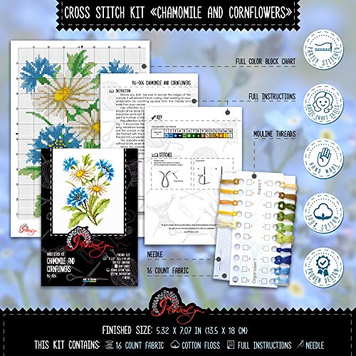 Povitrulya Chamomile Cornflower Counted Cross Stitch Kit - Wildflower - color: Chamomile and Cornflowers