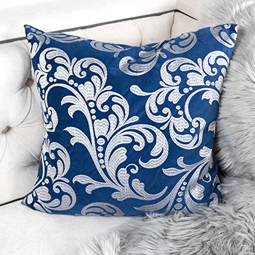 Embroidery Blue Velvet Throw Pillow Cover, Merry Christmas Series Silver Floral Luxury Soft Fuzzy Cozy Warm Slik Gift Square Couch Cushion Pillow Case 20 x 20 Inch, Cover Only - color: Silver Floral