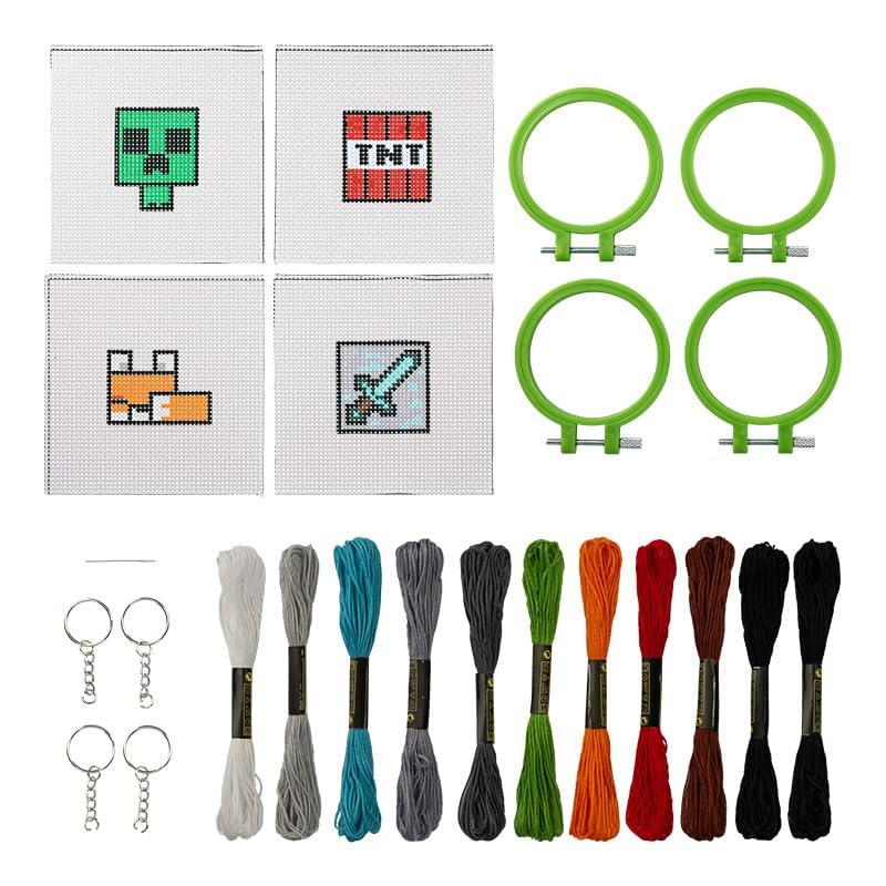 Paladone Minecraft Officially Licensed Cross Stitch Charm Set of 4, Creeper, TNT, Sword and Fox, Idea Gamer Gift for Boys and Gifts, Arts and Crafts DIY Gaming Decor and Accessory