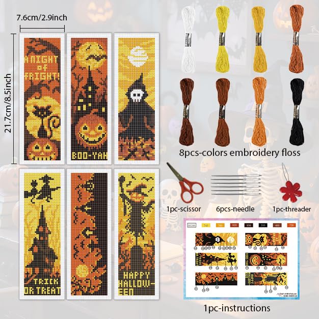 INFUNLY Halloween Cross Stitch Bookmarks Kit Evil Pumpkin Handmade Cross Stitch Bookmarks Skeleton Ghost Embroidery Bookmark Trick or Treat DIY Cross Stitch Set with Instruction for Adults Book Lover - style: 6PCS Halloween