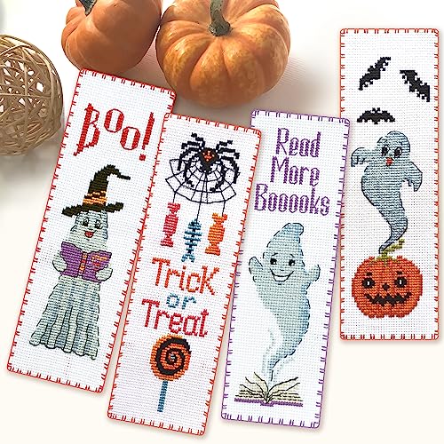 Povitrulya Counted Cross Stitch Bookmark Kit 'Pumpkin Ghost' - DIY Embroidery Set for Adults - color: Ghost