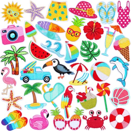 AUGSUN 36pcs Summer Iron on Patches Hawaiian Beach Embroidered Sew Applique - style: Summer