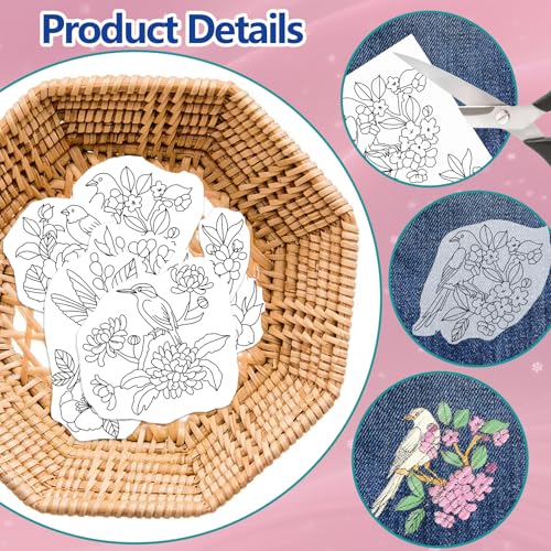 ORIGACH 4 Sheets Water Soluble Embroidery Patterns Stabilizers - Pre-Printed Birds & Flower Garlands Designs - Stick & Stitch Embroidery Paper for Hand Sewing Lovers - color: Birds & Flower Garlands