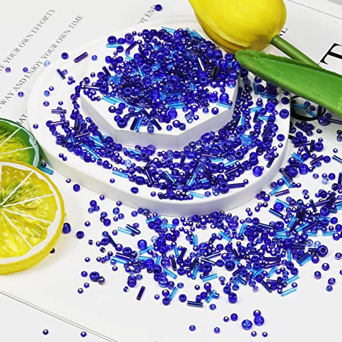 100g Mix Tube Beads Bugle Beads,3500+pcs Glass Bulk Spacer Multi Size 2-6mm Glass Kit for Jewelry Making DIY Craft Bracelets Necklace Earring Making (Blue Mixed) - color: Blue Mixed, size: 2-6mm