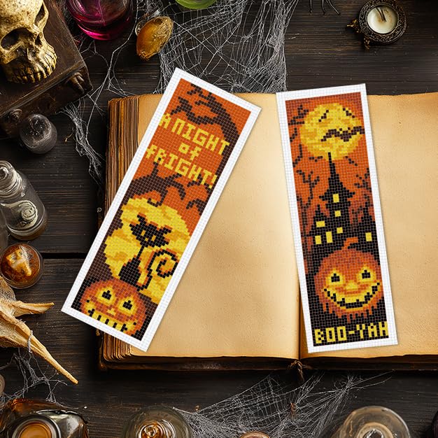 INFUNLY Halloween Cross Stitch Bookmarks Kit Evil Pumpkin Handmade Cross Stitch Bookmarks Skeleton Ghost Embroidery Bookmark Trick or Treat DIY Cross Stitch Set with Instruction for Adults Book Lover - style: 6PCS Halloween