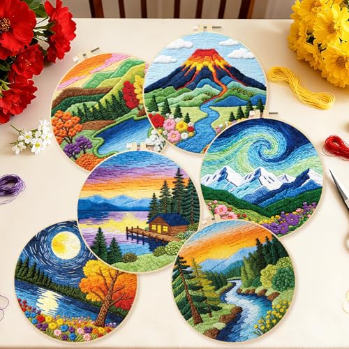 BEUNITONE 6 Pack Hand Embroidery Starter Kit for Adults with Pre-Print Scenery Pattern, Needlepoint Kits with Embroidery Hoop and Instructions, DIY Funny Craft Kits for Gifts and Home Decor - style: Scenery