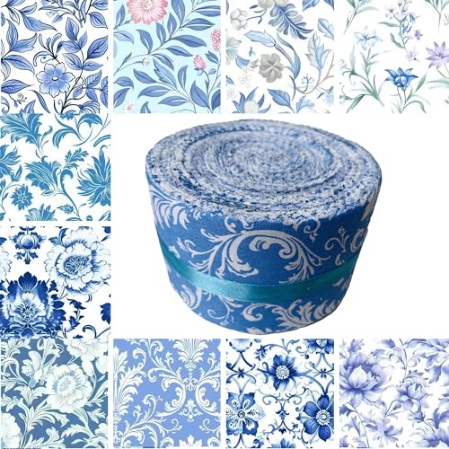100% Cotton Jelly Roll Fabric Strips for Quilting and Sewings-Blue Floral - color: Blue Floral