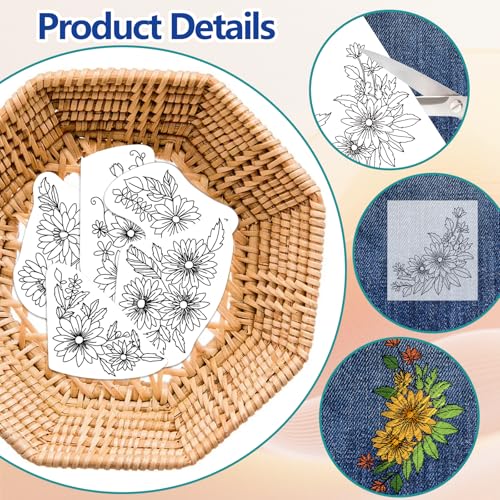 ORIGACH 4 Sheets Water Soluble Embroidery Patterns Stabilizers - Pre-Printed 4 Styles Corner Flowers Designs - Stick & Stitch Embroidery Paper for Hand Sewing Lovers - color: Corner Flowers