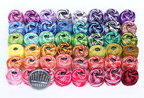 48 Pearl Cotton Yarn Variegated Colors Crochet Thread Set Ball 5g per Balls Rainbow of Size 8 Color Variations Crochet &Knitting Yarn and Free 30 Golden Needles 48Balls, - color: 48 Variegated colors