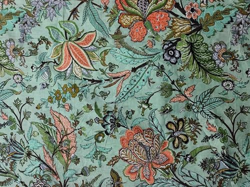 Indian Hand-Block Printed Jaipuri Flower Print Floral Ethnic Sanganer Kurti Print Cotton Fabric (Mint Mugal Flower, 3 Yards) - color: Mint Mugal Flower, size: 3 yard