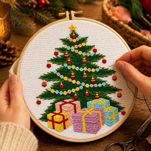 Zhenqing Christmas Tree & Bells Cross Stitch Kit with Hoop - 11CT Pre-Printed 24x24cm Fabric & Complete Tools for Beginners (68321) - style: Christmas Tree & Bells