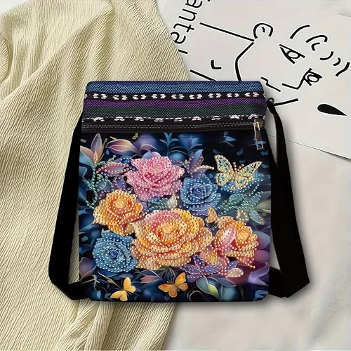 LSQFS DIY Diamond Painting Crossbody Bag, Diamond Art Kits for Adults, PU Leather Art Bag, Craft Kits for Adults Women, Portable Crossbody Purse as Gift for Diamond Art Projects - color: Butterfly flower 4