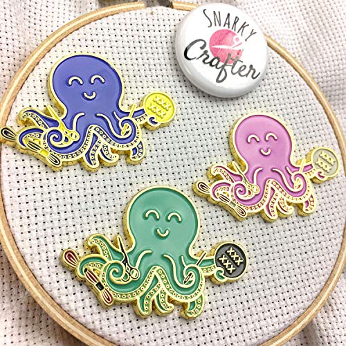 Green Stitching Octopus Holding Floss Hoop and Stork Scissors Enamel Needle Minder