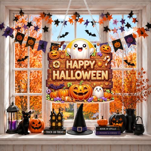 Eiflow Acrylic Diamond Art Hanging Kit for Adults, DIY Diamonds Painting Door Hanger Board Kit, Special Crystal Diamond Art Painting Pendant Ornament (Halloween Sign) - color: Halloween Sign